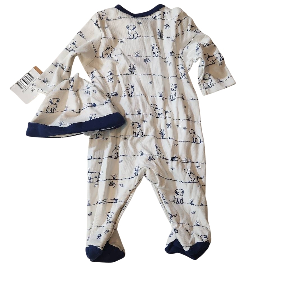 Little Me Baby One Piece and Hat Set - White and Blue Puppy Newborn